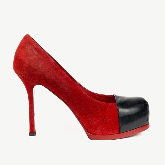 Yves Saint Laurent Tribtoo 80 Platform Poppy Suede & Nero Cap-Toe Pumps - Picture 1 of 9